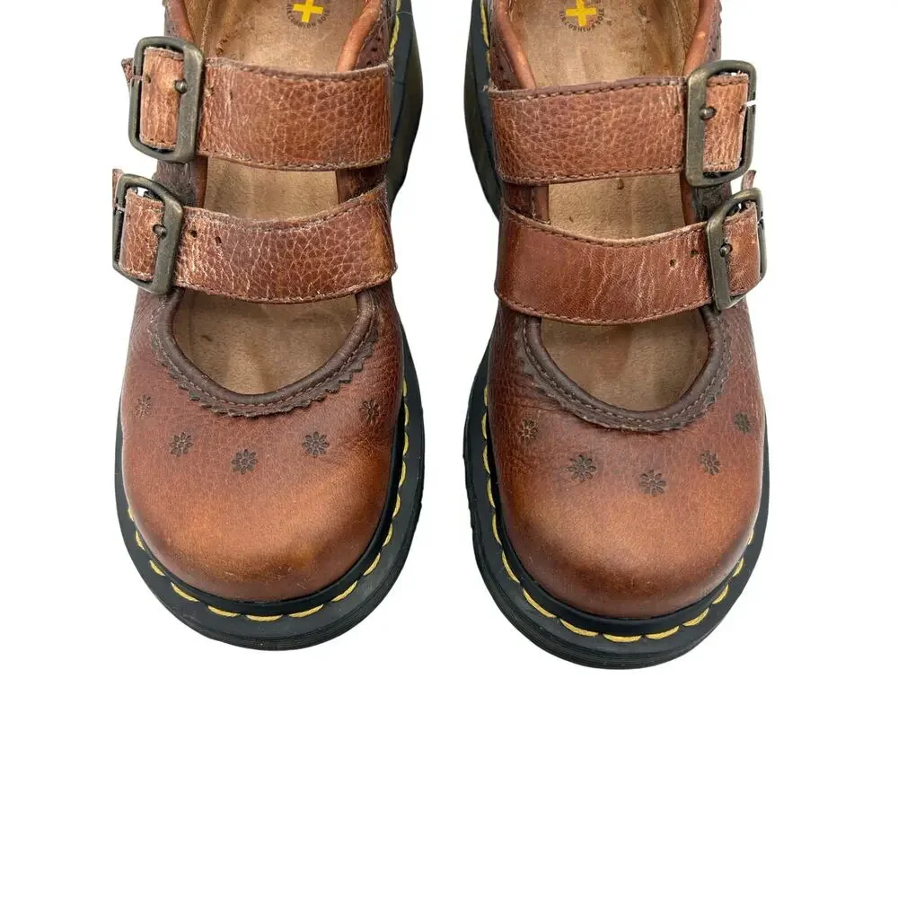 RARE Vtg Dr. Martens Women's 9Brown Leather Daisy Flower ShoesChunky Mary Jane - Picture 2 of 11